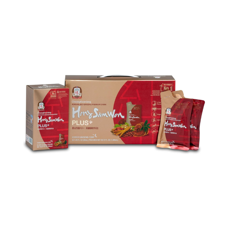 CheongKwanJang Hong Sam Won Plus – Korean Red Ginseng Drink, - Increase Productivity, Improve Blood Circulation & Brain Function - 30 Pouches (50ml Each)