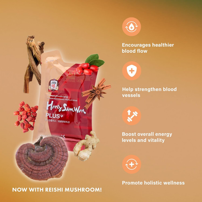 CheongKwanJang Hong Sam Won Plus – Korean Red Ginseng Drink, - Increase Productivity, Improve Blood Circulation & Brain Function - 30 Pouches (50ml Each)