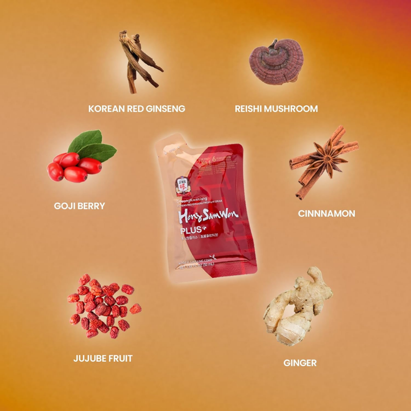 CheongKwanJang Hong Sam Won Plus – Korean Red Ginseng Drink, - Increase Productivity, Improve Blood Circulation & Brain Function - 30 Pouches (50ml Each)