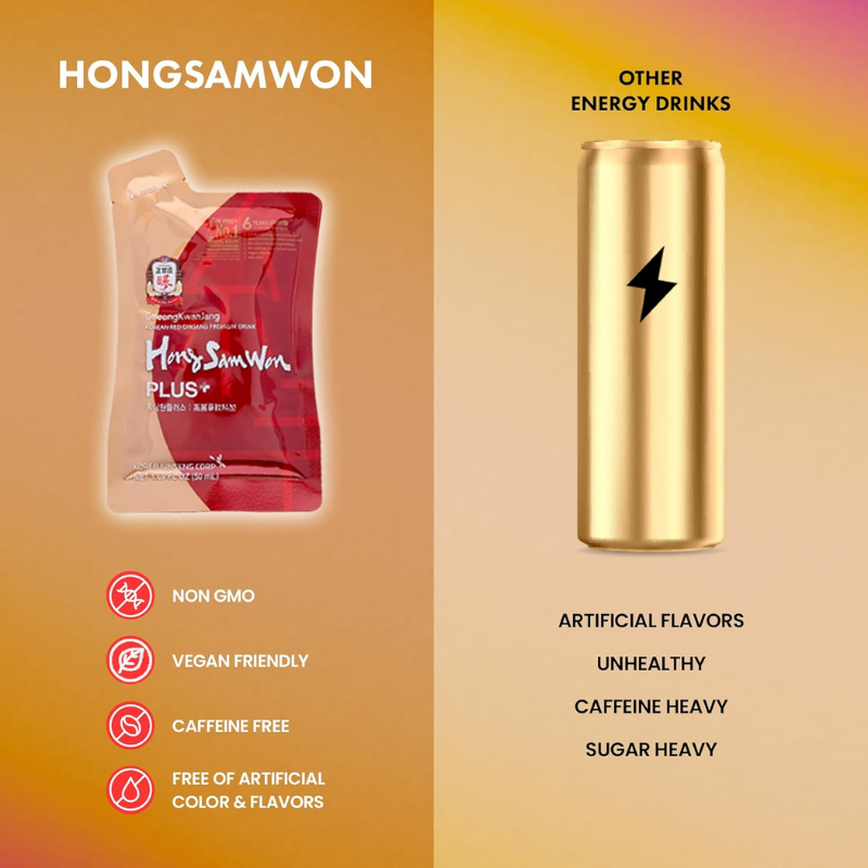 CheongKwanJang Hong Sam Won Plus – Korean Red Ginseng Drink, - Increase Productivity, Improve Blood Circulation & Brain Function - 30 Pouches (50ml Each)