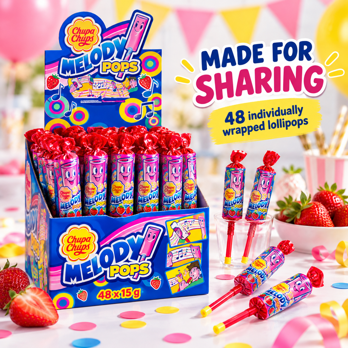 Bulk Buy Chupa Chups Strawberry Melody Lollipops, 96 Lollipops, Unique Treat Ideal for Sharing and Parties, 96 x 15 g, Strawberry