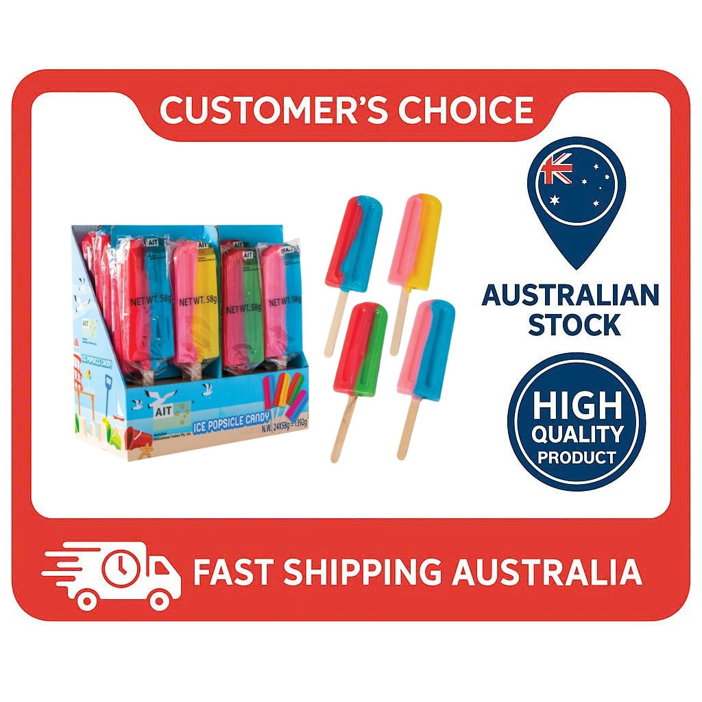 AIT Ice Popsicle Gummy Candy - Bulk Box (24 x 58g) - Novelty Fruity Jelly