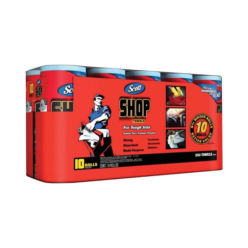 Scott Shop Towels 10-Pack - 55 Towels Per Roll - Strong, Absorbent, Multi-Purpose, 11 x 10.4 Inches