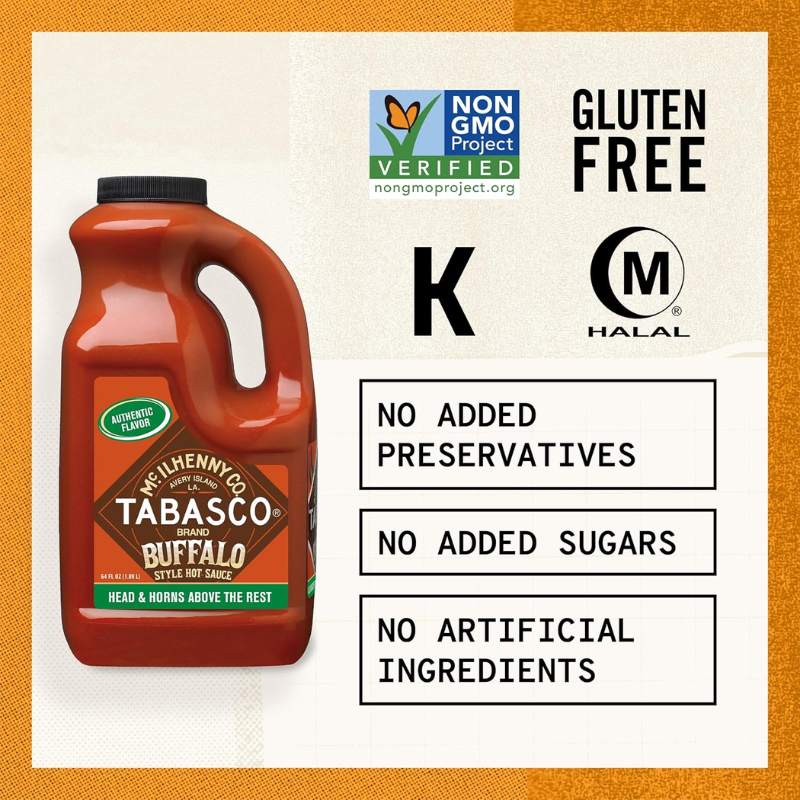 Tabasco Buffalo Style Pepper Sauce 1.89L, Thick & Tangy, Perfect for Wings & Dips, Gluten-Free