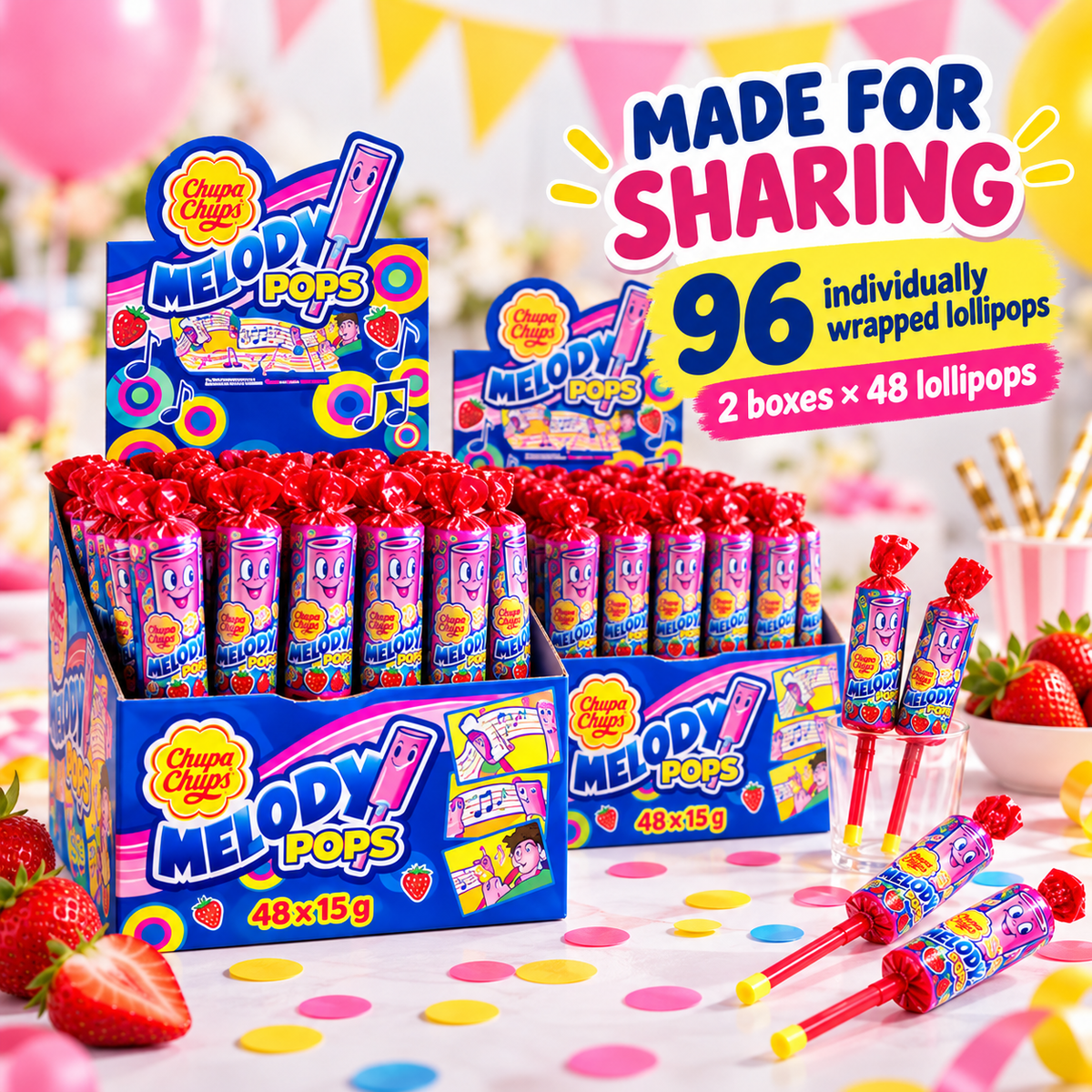 Bulk Buy Chupa Chups Strawberry Melody Lollipops, 96 Lollipops, Unique Treat Ideal for Sharing and Parties, 96 x 15 g, Strawberry