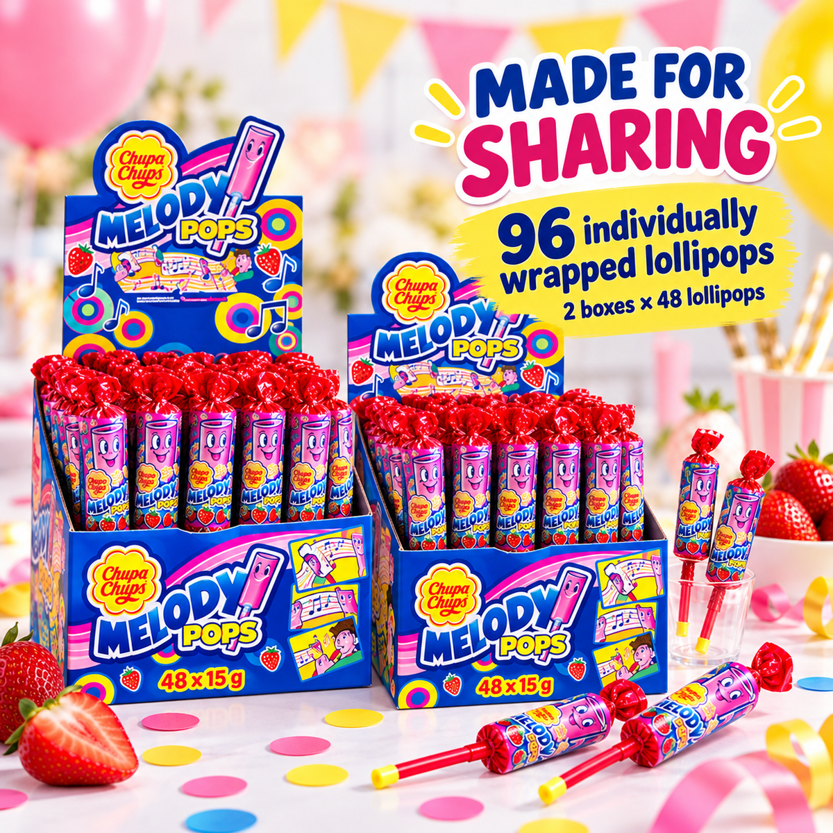 Bulk Buy Chupa Chups Strawberry Melody Lollipops, 96 Lollipops, Unique Treat Ideal for Sharing and Parties, 96 x 15 g, Strawberry