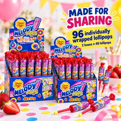 Bulk Buy Chupa Chups Strawberry Melody Lollipops, 96 Lollipops, Unique Treat Ideal for Sharing and Parties, 96 x 15 g, Strawberry