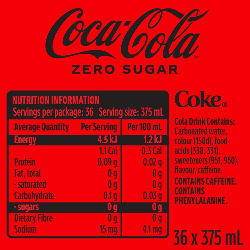 Coca-Cola Zero Sugar Soft Drink Multipack Cans 36 x 375mL