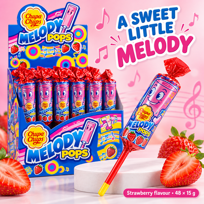Bulk Buy Chupa Chups Strawberry Melody Lollipops, 96 Lollipops, Unique Treat Ideal for Sharing and Parties, 96 x 15 g, Strawberry