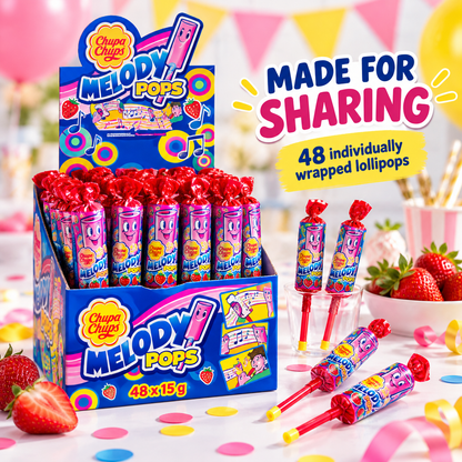 Bulk Buy Chupa Chups Strawberry Melody Lollipops, 96 Lollipops, Unique Treat Ideal for Sharing and Parties, 96 x 15 g, Strawberry
