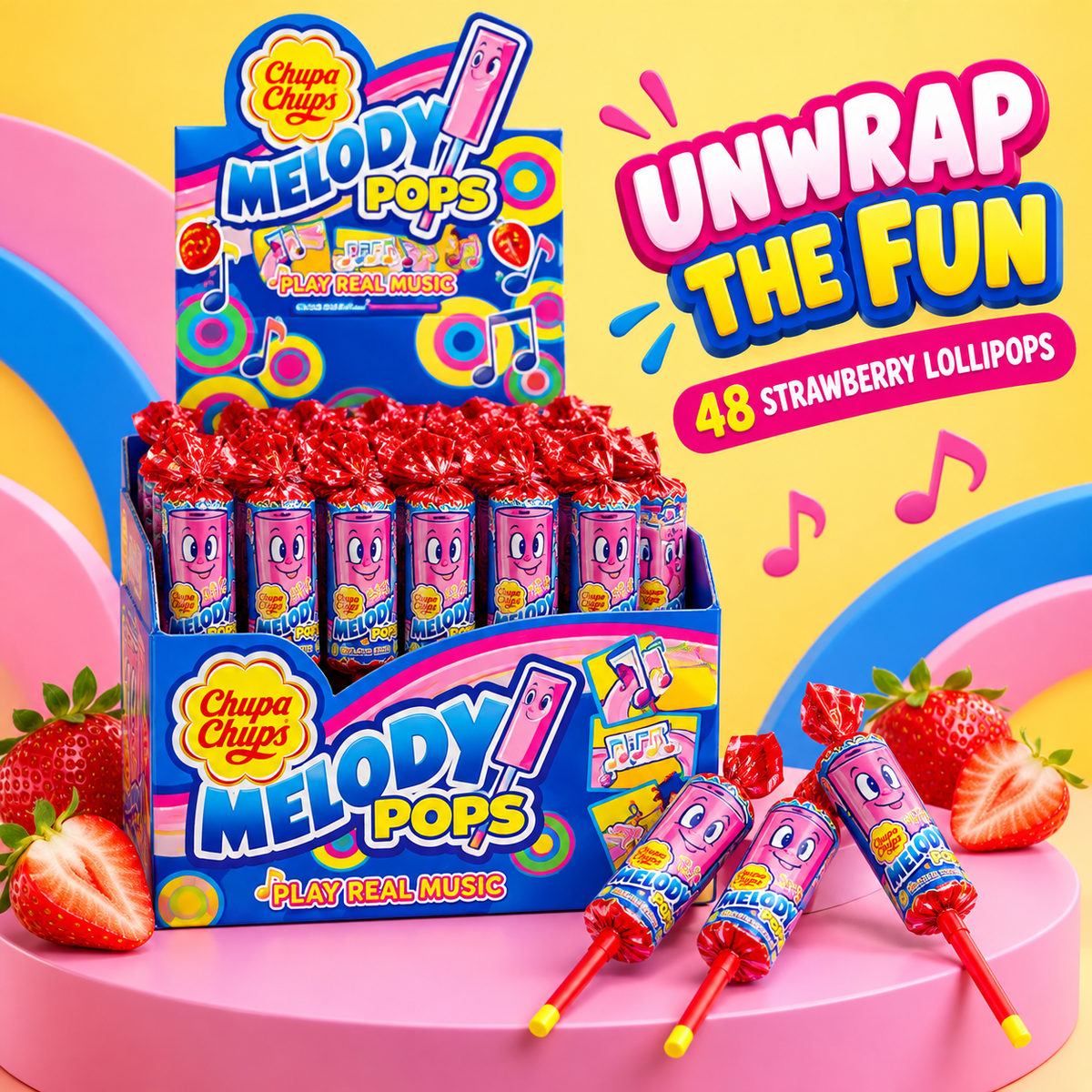 Bulk Buy Chupa Chups Strawberry Melody Lollipops, 96 Lollipops, Unique Treat Ideal for Sharing and Parties, 96 x 15 g, Strawberry