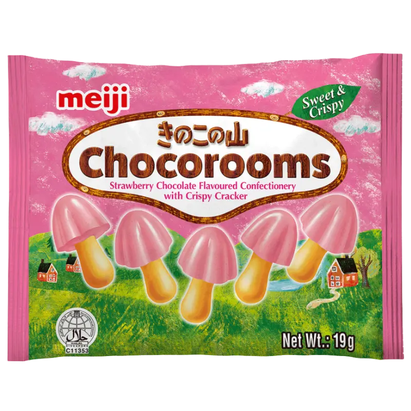 Meiji Chocorooms Strawberry – Fun Mushroom-Shaped Strawberry & Chocolate Crackers, 24 Packs (456g Total)