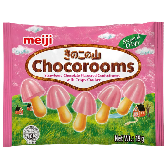 Meiji Chocorooms Strawberry – Fun Mushroom-Shaped Strawberry & Chocolate Crackers, 24 Packs (456g Total)