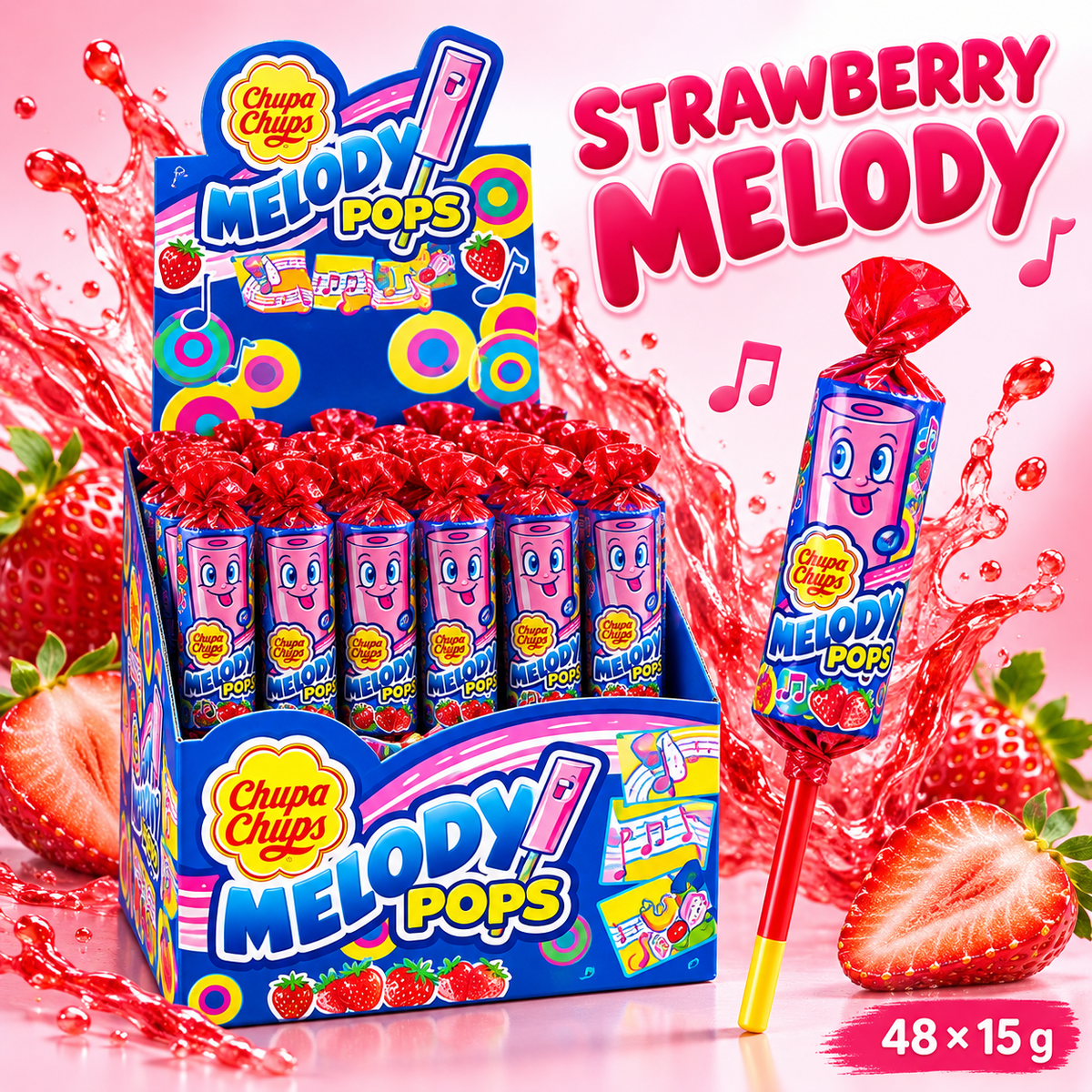 Bulk Buy Chupa Chups Strawberry Melody Lollipops, 96 Lollipops, Unique Treat Ideal for Sharing and Parties, 96 x 15 g, Strawberry