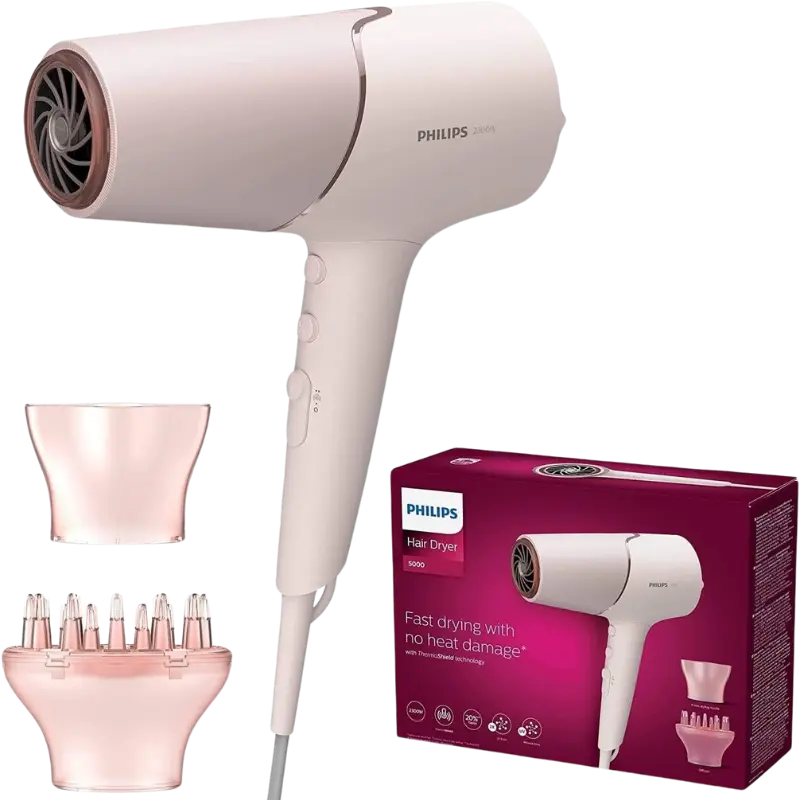 PHILIPS 5000 Series Hair Dryer BHD530/00, ThermoShield, 2300W, 6 Settings, Foldable Handle, Pearl Peach