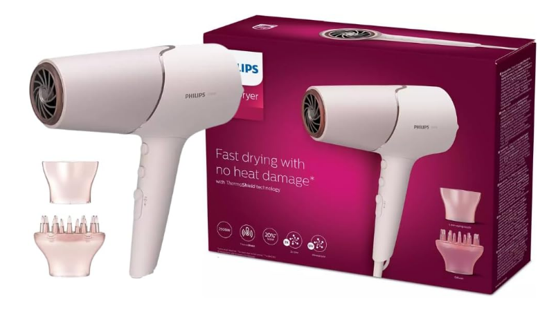 PHILIPS 5000 Series Hair Dryer BHD530/00, ThermoShield, 2300W, 6 Settings, Foldable Handle, Pearl Peach