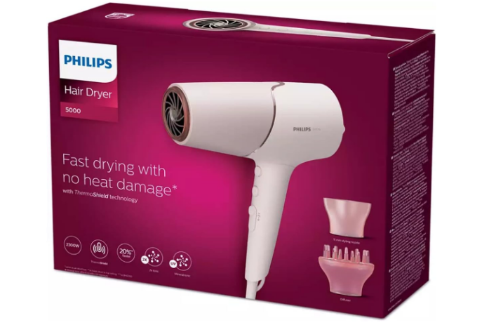 PHILIPS 5000 Series Hair Dryer BHD530/00, ThermoShield, 2300W, 6 Settings, Foldable Handle, Pearl Peach