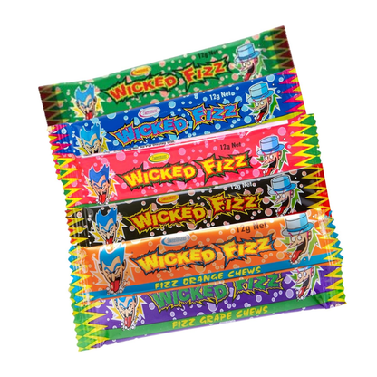 Wicked Fizz Assorted Flavours Chew Bars 60 Pack – Cola, Grape, Berry, Watermelon, Blue Raspberry, Orange