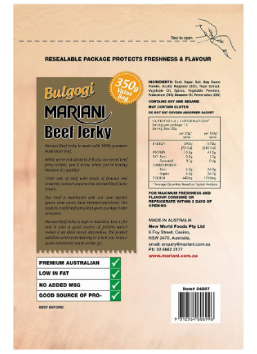 Mariani Beef Jerky Bulgogi Korean BBQ, 350g Value Bag