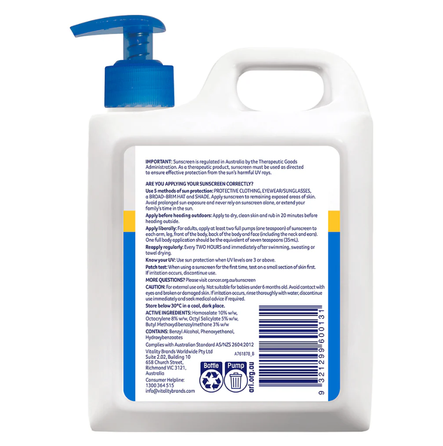 Cancer Council Ultra SPF 50+ Sunscreen Pump Bottle, 1 L